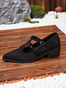 Giày cao gót Mary Jane phong cách Pháp dành cho nữ có quai chéo đàn hồi, giày cao gót mũi nhọn màu đen, da lộn retro - màu đen - Xem 7