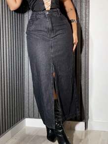 Max Long Midi Jeans Graphite Skirt With Slit - 黑色 - 查看 1