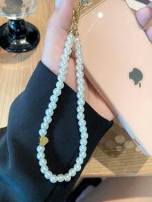 Cordón para celular con colgante de corazón de perlas falsas elegante personalizado (incluye almohadilla para la correa del teléfono) - personalizable con nombres, lemas, fechas, adecuado para regalos de cumpleaños, aniversario y uso diario