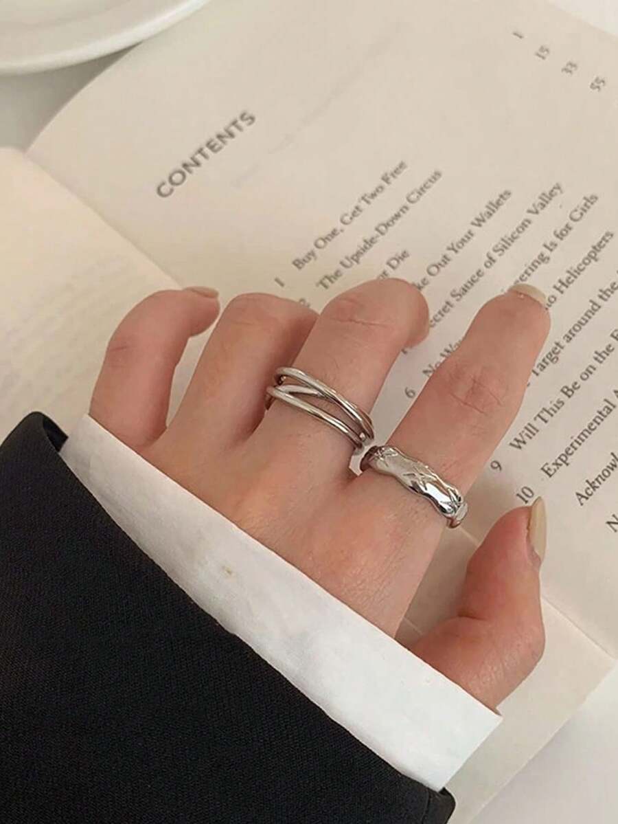 2 件/套简约双层交叉开口戒指，适合女士 - 彩色 - 查看 1