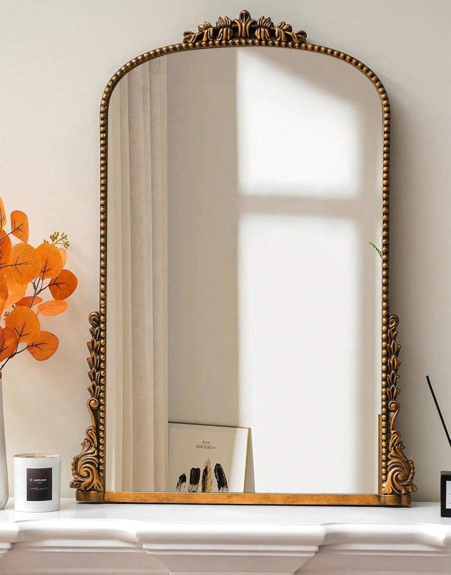 Vintage Baroque Arch Wall Mirror, Antique-Gold Mirrors For Wall Decor 39'' X 28'' Large Accent Mirror Decorative For Living Room Entryway Powder Room - Gold - View 1
