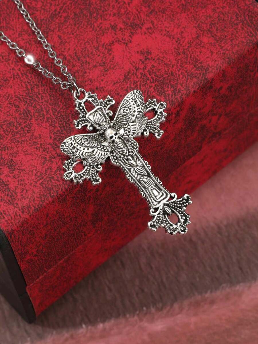 Dây chuyền mặt thép không gỉ họa tiết đầu lâu bướm & bướm đêm phong cách Gothic cổ điển, Y2K - Bạc - Xem 1