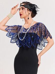 1 件 20 世纪 20 年代复古亮片串珠披肩、优雅欧美风格披肩、正式派对斗篷、婚礼配饰 - 寶藍色 - 查看 3