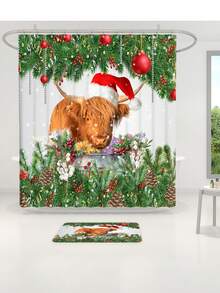 1 件/4 件圣诞快乐牦牛圣诞老人礼物多功能防水浴室装饰套装：带 12 个挂钩的浴帘、防滑浴垫、U 型马桶垫和圆形马桶座套，适合各种场景的冬季装饰 - 彩色 - 查看 7