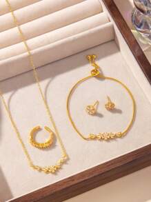 5pcs/Set Fashion Minimalist Floral & Leaf Zirconia Jewelry Set, Necklace, Bracelet, Ring, Earrings, Suitable For Party, Gift And Daily Wear