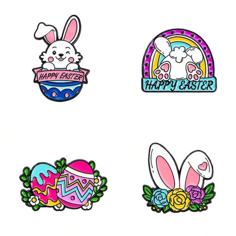 4 件套可爱卡通动物波西米亚风格休闲街头装锌合金金属胸针，衣服和包包装饰，适合 4 个季节 - 彩色 - 查看 1