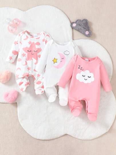 Set de 3 piezas Mono de manga larga con estampado de estrellas, luna y nubes para bebé niña recién nacida