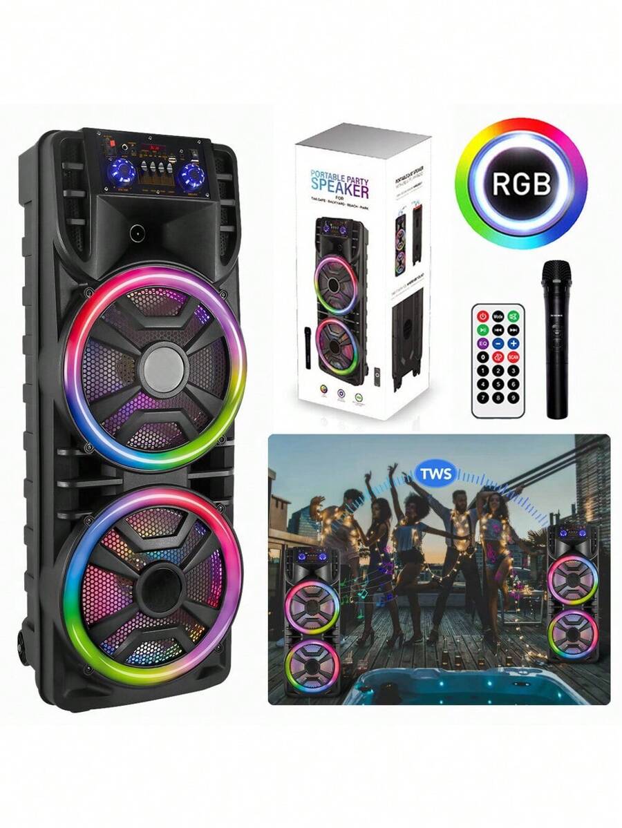 Party Bluetooth Speaker Rechargable Dual 12" LOUD Woofer FM Karaok MIC