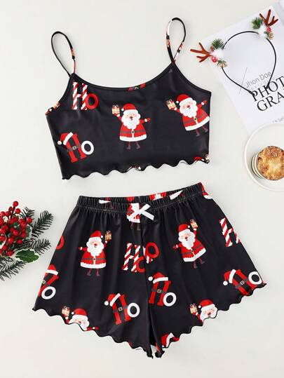 Conjunto de Pijama de Natal Feminino com Estampa Fofa de Papai Noel e Bengala de Doce com Babados, Regata Curta Decotada nas Costas e Shorts, Ajuste Confortável e Relaxado