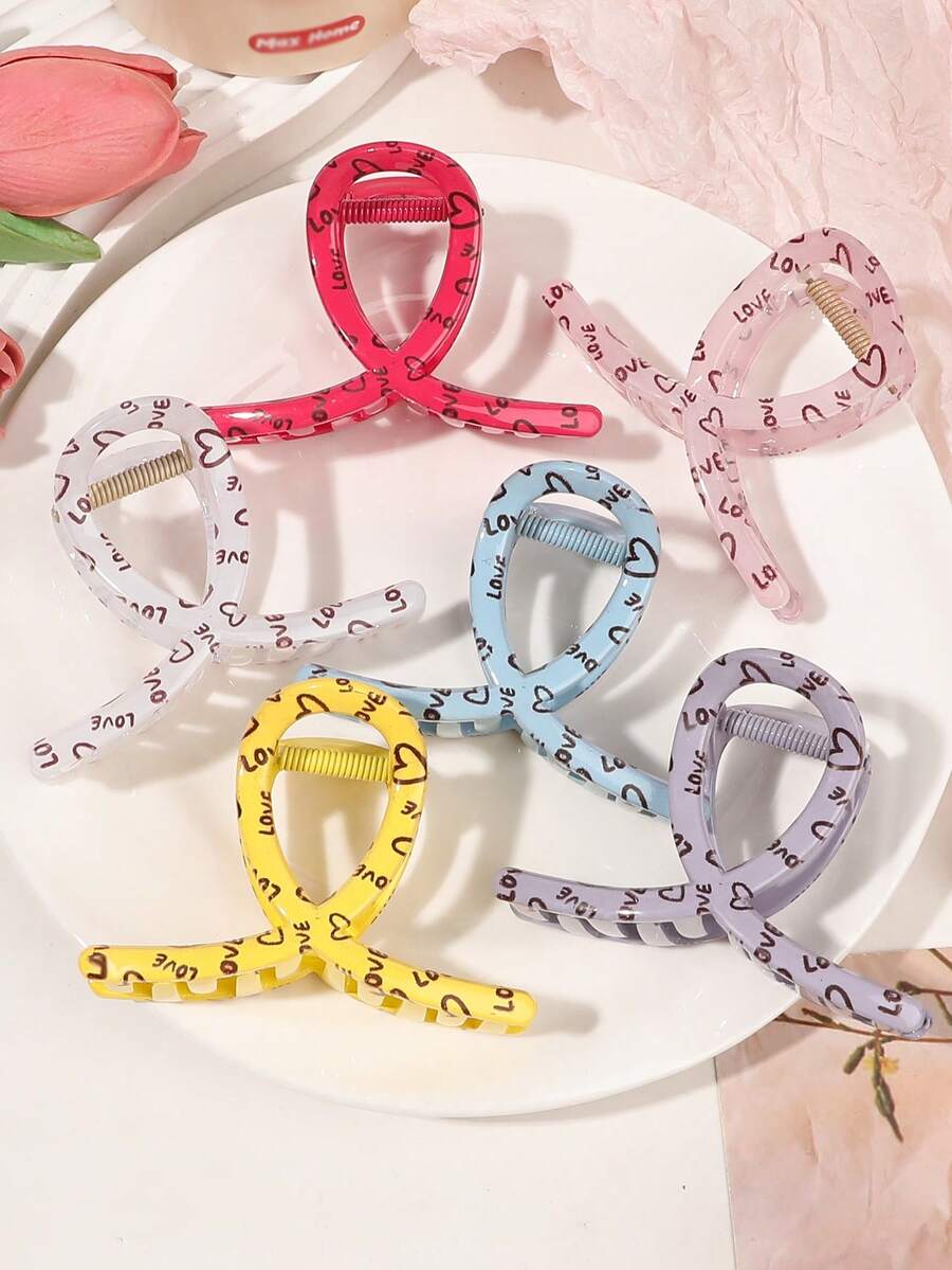 6 件装甜美简约可爱十字交叉发夹，带心形印花，多色，情人节礼物，日常佩戴发饰 - 彩色 - 查看 1
