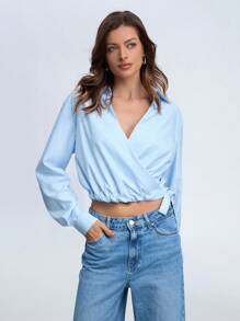 Women's Solid Color Wrap Style Casual Cropped Lace-Up Waist Long Sleeve Cross V-Neck Shirt Blouse For Spring