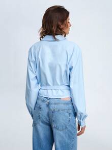 Women's Solid Color Wrap Style Casual Cropped Lace-Up Waist Long Sleeve Cross V-Neck Shirt Blouse For Spring