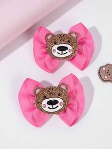 2 件装女童可爱熊发饰闪光罗缎丝带蝴蝶结鳄鱼夹配小熊幼儿女孩辫子蝴蝶结夹秋冬发夹儿童发饰 - 彩色 - 查看 1