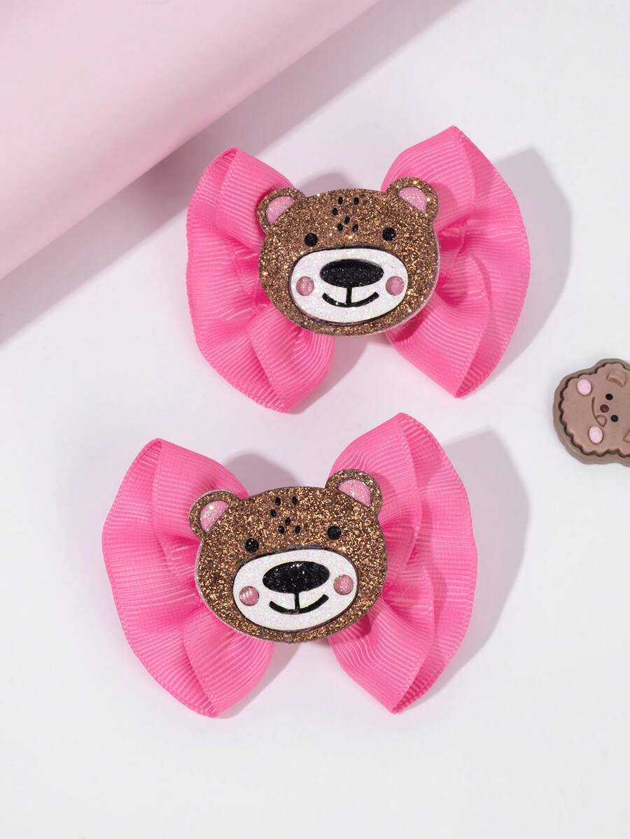 2 件装女童可爱熊发饰闪光罗缎丝带蝴蝶结鳄鱼夹配小熊幼儿女孩辫子蝴蝶结夹秋冬发夹儿童发饰 - 彩色 - 查看 1
