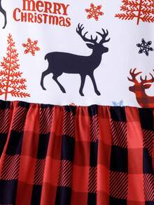 Girls' Christmas Cartoon Print Plaid Patchwork Princess Dress With Long Sleeves And Flared Skirt, Autumn/Winter