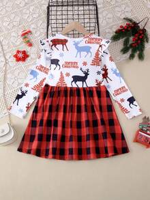Girls' Christmas Cartoon Print Plaid Patchwork Princess Dress With Long Sleeves And Flared Skirt, Autumn/Winter