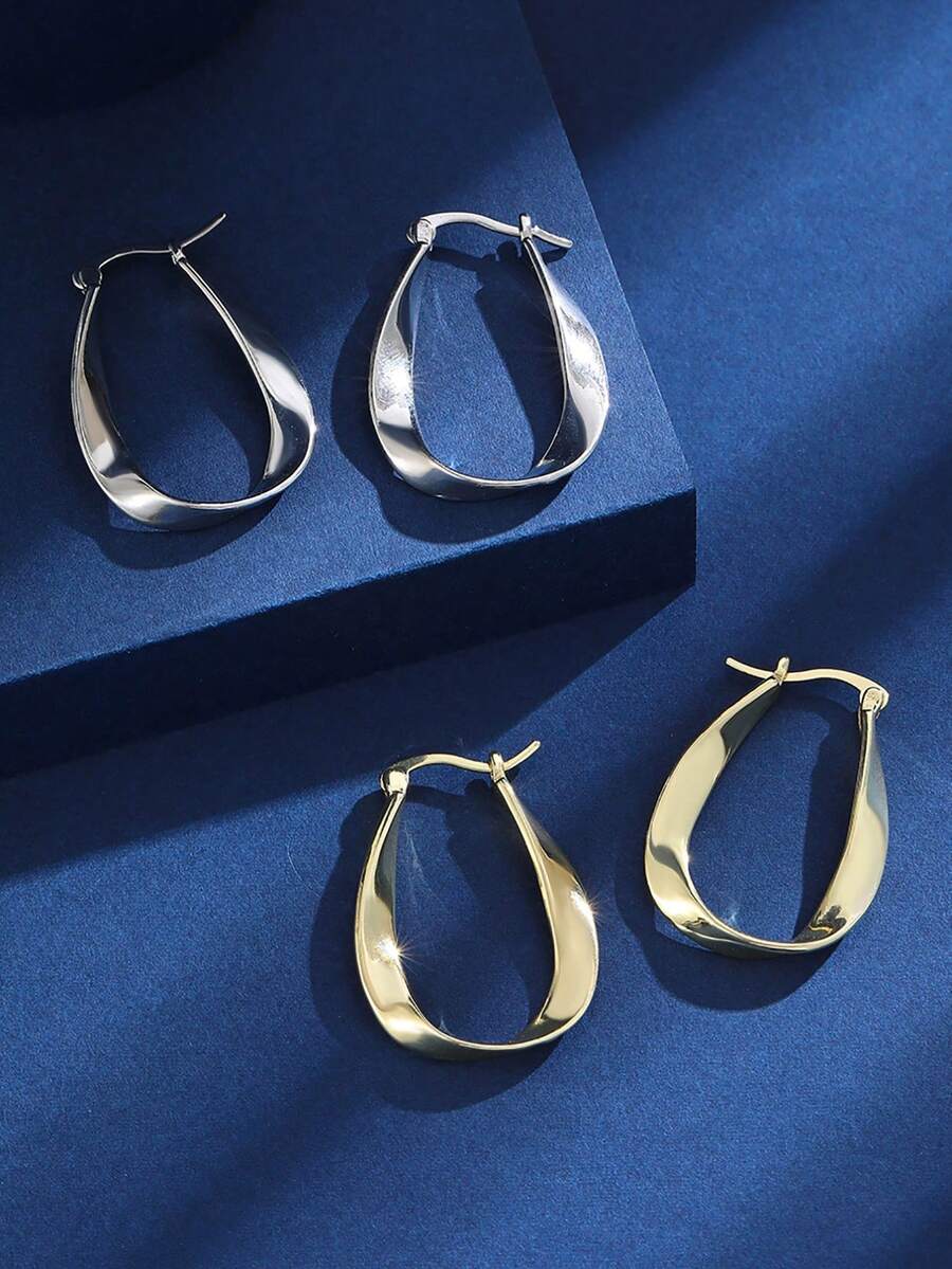 1 对简约合金抛光波浪扭曲环状耳环，适合女士、时尚礼物或日常佩戴 - U形耳圈 - 查看 1