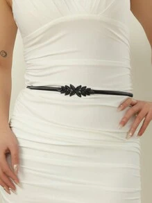 1pc Women's Double Leaf Buckle Elastic Cinch Waist Belt, Adjustable Waist Belt Suitable For Summer Everyday Use, Christmas Gift Summer, School Fall, Autumn, Halloween - Gun Black - View 1