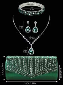 Sparkling Luxury Crystal Decorated Women's Evening Clutch, Matching Crystal Bracelet, Necklace, Earrings Set, Fashionable Elegant Shoulder Bag And Chain Crossbody Bag, Suitable For Party Girls, Ladies, Brides, Perfect For Parties, Weddings, Balls, Galas. Best New Year And Valentine's Day Gift Set. Tready Party Bag, Perfectly Suitable For Parties, Weddings, Balls, Galas. - Green - View 5