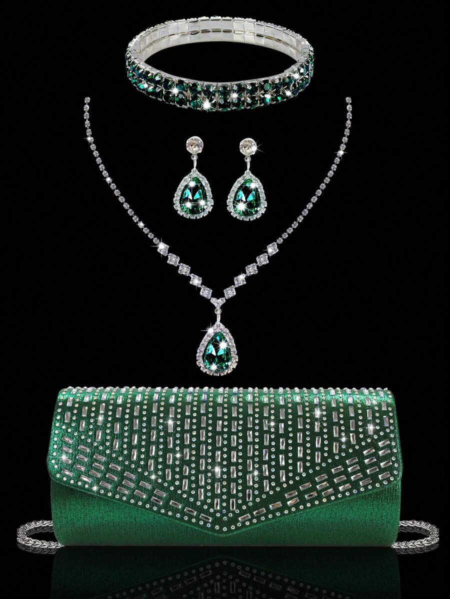 Sparkling Luxury Crystal Decorated Women's Evening Clutch, Matching Crystal Bracelet, Necklace, Earrings Set, Fashionable Elegant Shoulder Bag And Chain Crossbody Bag, Suitable For Party Girls, Ladies, Brides, Perfect For Parties, Weddings, Balls, Galas. Best New Year And Valentine's Day Gift Set. Tready Party Bag, Perfectly Suitable For Parties, Weddings, Balls, Galas.