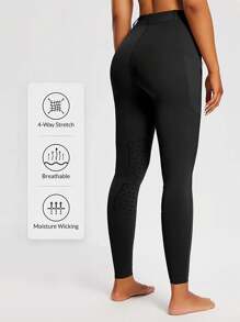 女士户外休闲马术裤，高腰修身耐摩擦透气快干，带硅胶马图标时尚，适合骑马、运动、聚会 - 黑色 - 查看 3