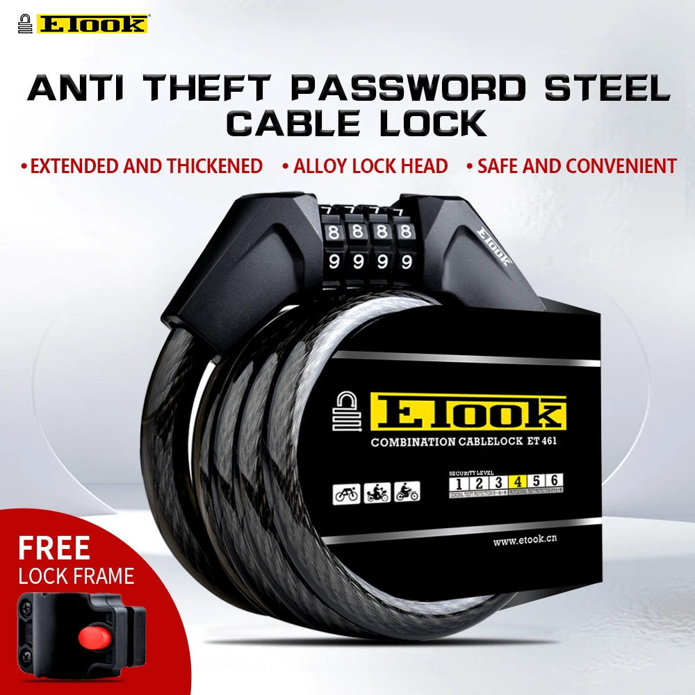 ETOOK Bike Password Lock, Heavy Duty Steel Cable Lock For Electric
