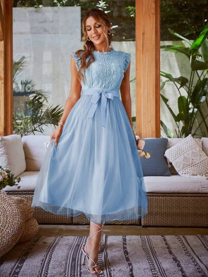 Simplee 女士蕾丝和网眼拼布无袖长款优雅连衣裙、派对礼服、婚礼宾客礼服、生日礼服