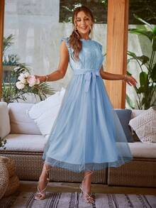 Simplee Đầm Maxi Không Tay Phối Ren & Lưới Chắp Vá Sang Trọng Cho Nữ, Đầm Dự Tiệc, Đầm Dự Tiệc Cưới, Đầm Sinh Nhật - Màu xanh lam - Xem 4