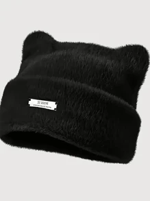 1 Mũ len trang trí nhãn sắt có tai dễ thương, ấm áp, lông mềm mại, mũ len mùa đông co giãn, dành cho nữ, hoạt động ngoài trời - Nhiều màu - Xem 7