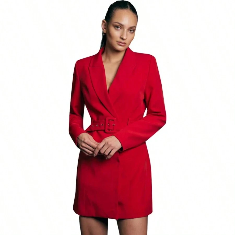 Vestido Blazer Rojo Dama Con Cinturón - Rojo - Ver 1