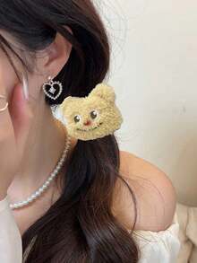 2 件装可爱毛绒黄油熊发夹发夹少女心卡通头绳皮革发带马尾辫发饰趣味配饰 - 黃色 - 查看 4