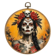 1 件充满活力的花卉和糖头骨设计墙壁艺术装饰 - 中性植物中世纪现代纺织墙壁艺术帆布框架悬挂印刷品，复古糖头骨圆形墙壁艺术装饰适用于家庭装饰，非常适合家庭、花园、男人窝、酒吧和节日派对，10*10 英寸 - 彩色 - 查看 2