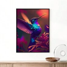 1 件，帆布悬挂海报，实木裱框画，飞行中的蜂鸟，可爱的动物图案，裱框帆布印刷品，彩色复古波浪风格艺术，家居装饰海报 - 彩色 - 查看 2