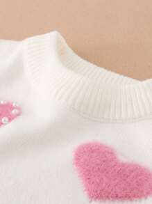 Girls Sweater Knit Cardigan, Elegant Sweet Heart Beaded Knitted Top, Long Sleeve Pullover, Warm Base Layer For Autumn/Winter - White - View 3