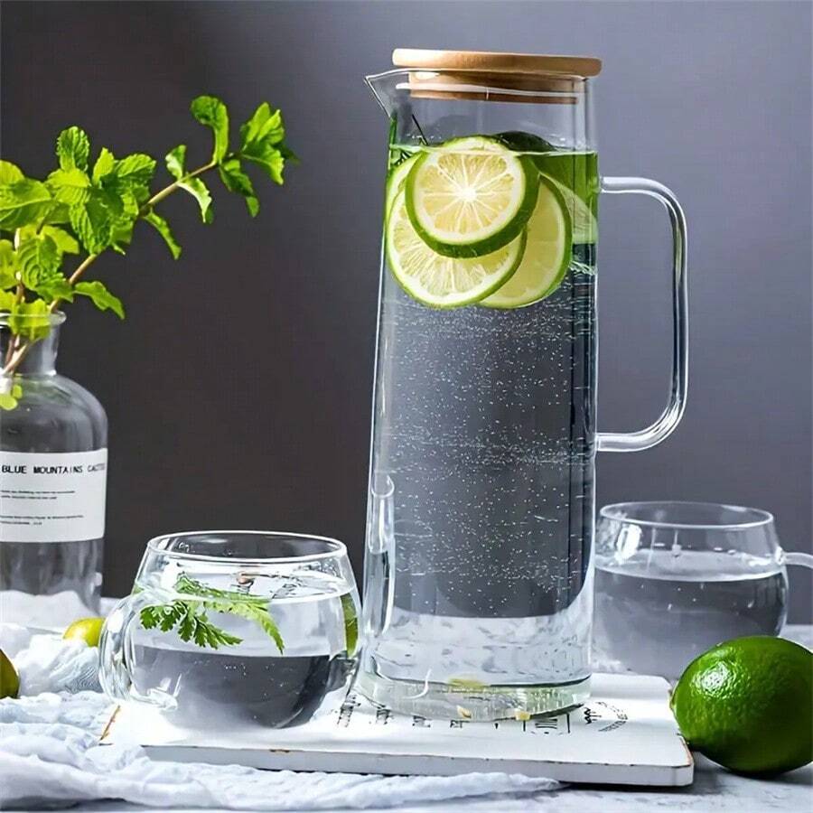 1pc 1500ml Straight Glass Pitcher, High Borosilicate Heat Resistant, Transparent Household Large Capacity Straight Tube Wood Lid Summer Fruit Juice Lemon Cup Infuser Chilled Water Dispenser - White - View 1
