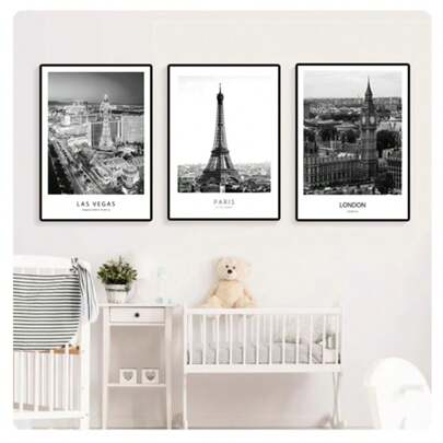 1 件现代纽约伦敦巴黎城市墙艺术风景海报和印刷品黑白图片适用于客厅家居装饰，无框架