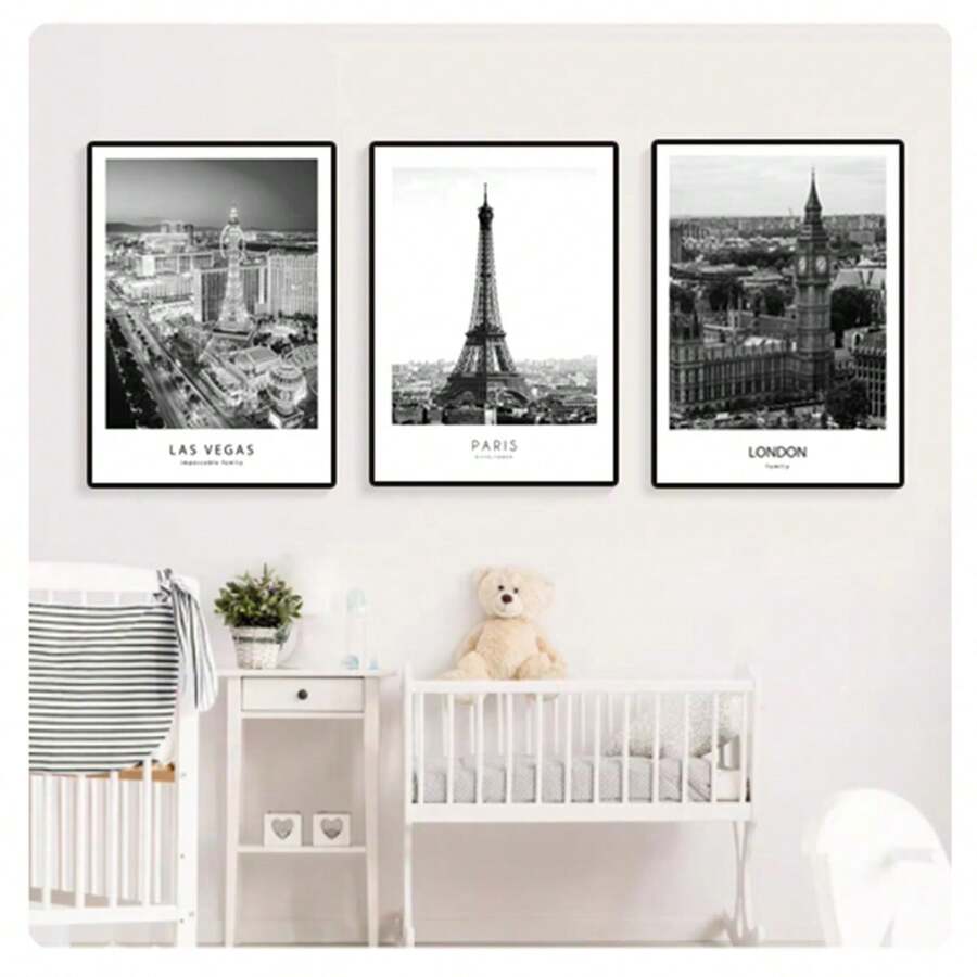 1 件现代纽约伦敦巴黎城市墙艺术风景海报和印刷品黑白图片适用于客厅家居装饰,无框架 - 黑與白 - 查看 1