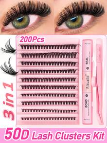 200 件 50P 睫毛簇套装 3 合 1 DIY 睫毛延长套装单根睫毛簇套装混合长度 8-16 毫米蓬松柔软自然 D 卷睫毛簇带睫毛粘合剂和密封剂和镊子化妆工具 - 彩色 - 查看 1