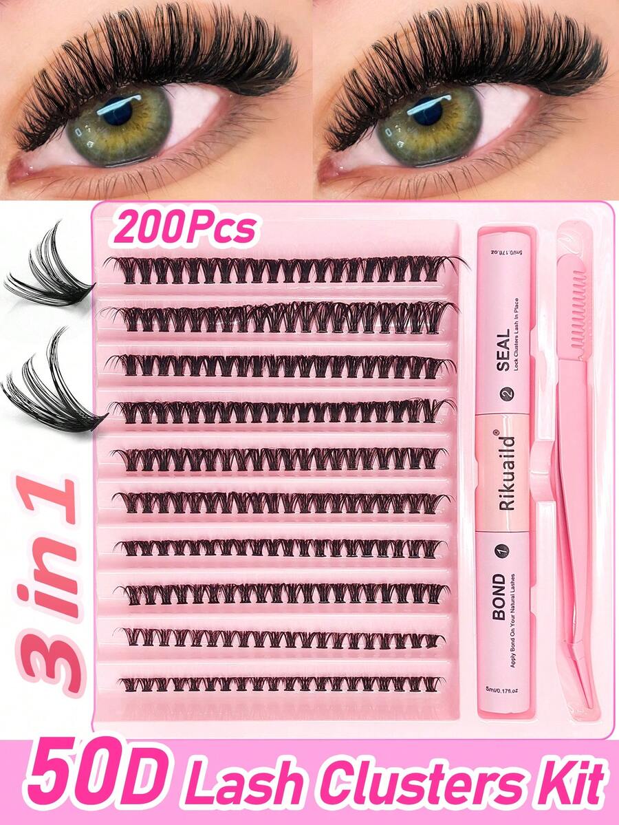 200 件 50P 睫毛簇套装 3 合 1 DIY 睫毛延长套装单根睫毛簇套装混合长度 8-16 毫米蓬松柔软自然 D 卷睫毛簇带睫毛粘合剂和密封剂和镊子化妆工具 - 彩色 - 查看 1