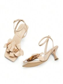Women Flower Decor Low Kitten Heeled Sandals, Fashion Square Open Toe Ankle Strap Heeled Sandals For Christmas Halloween Party Prom - 米色 - 查看 6