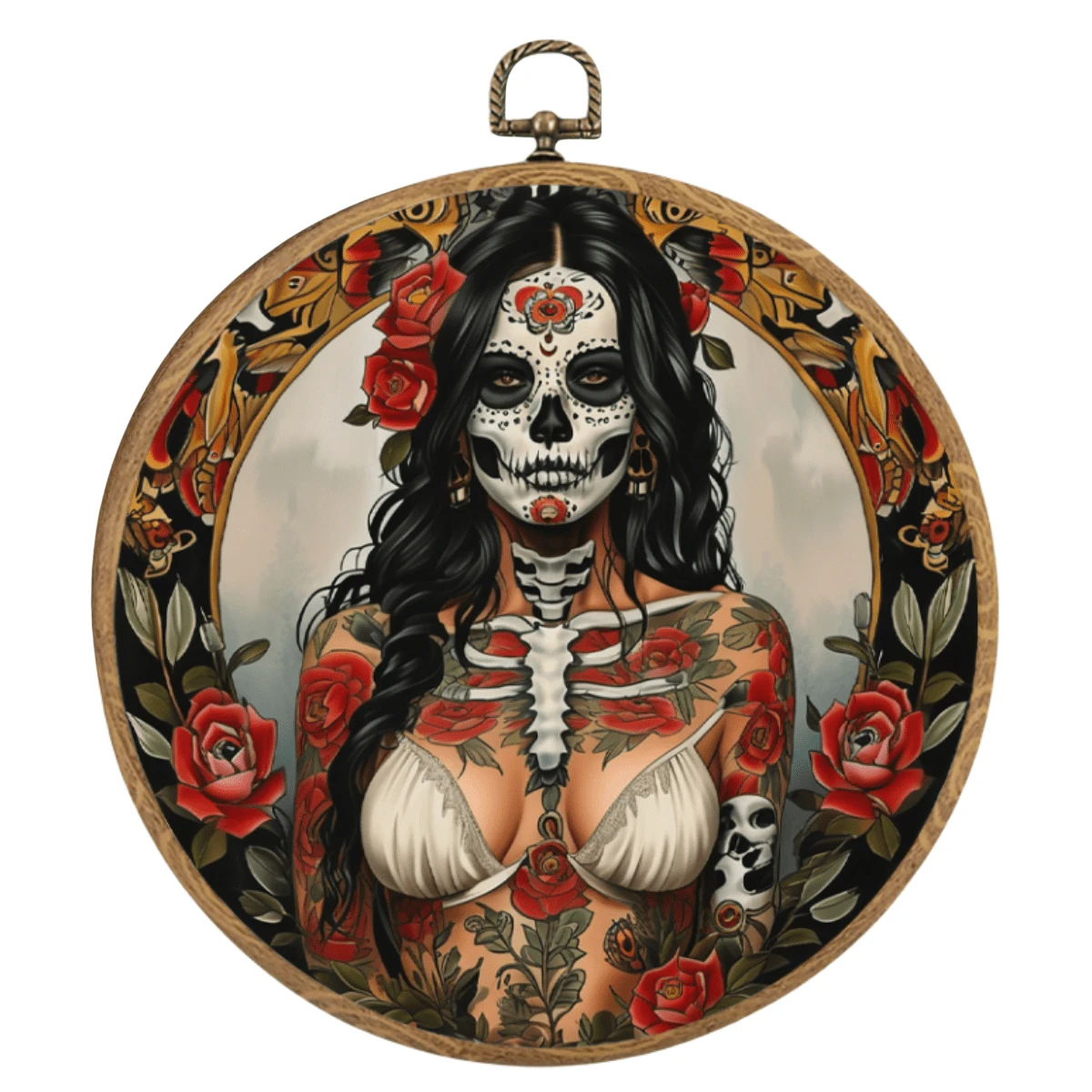 1 件充满活力的花卉和糖头骨设计墙壁艺术装饰 - 中性中世纪现代纺织墙壁艺术帆布框架悬挂印刷品，复古糖头骨圆形墙壁艺术装饰适用于家庭装饰，非常适合家庭和花园、男人窝、酒吧和节日派对，10*10 英寸