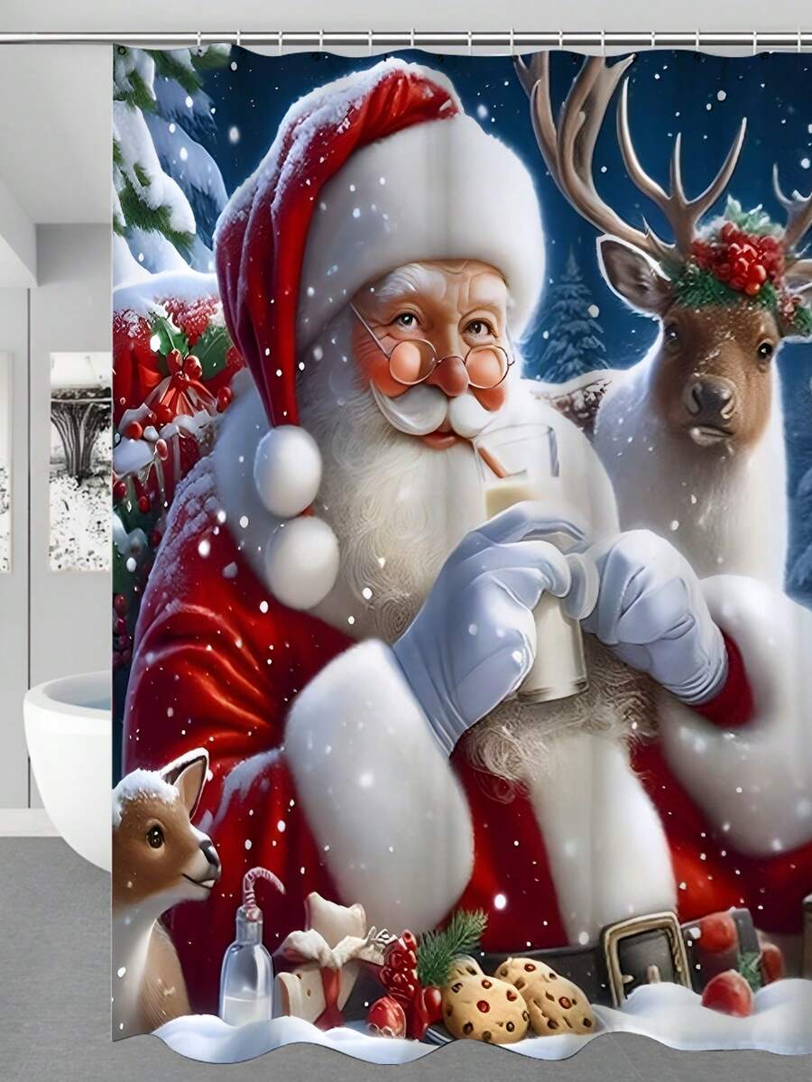 1pc Christmas Pattern Waterproof Shower Curtain Set With 12 Hooks, Made