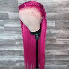 Hot Pink Lace Front Wigs For Women 26 Inch Long Silky Straight Red Glueless Hair Replacement Wigs Soft Fiber Synthetic Lace Front Wigs For Daily Party Cosplay Use - 紅色 - 查看 3