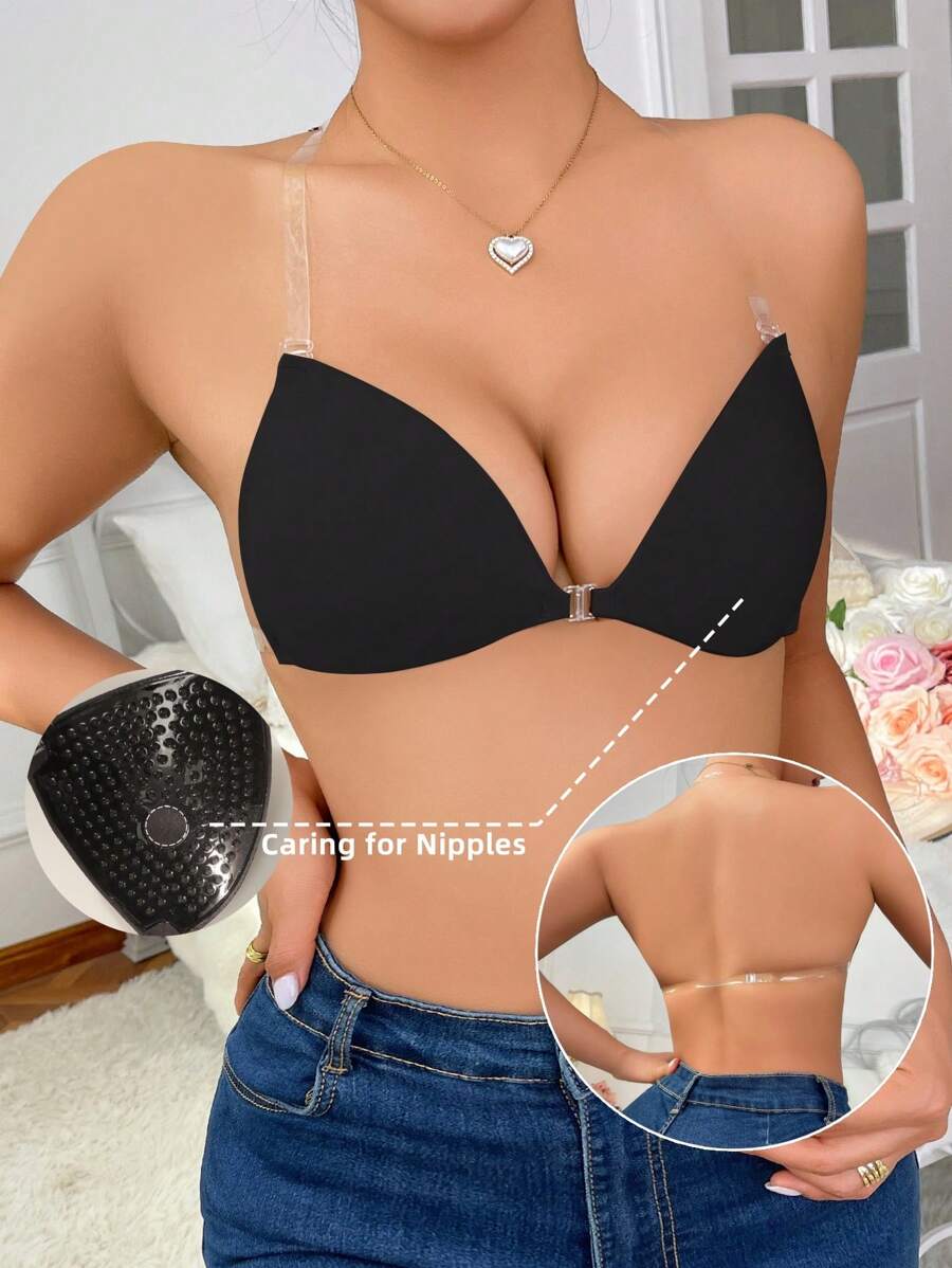 Sujetador reutilizable invisible de color negro para mujer, con copa triangular push-up de unicolor, sin espalda y sin tirantes, con cubiertas de silicona para pezones, accesorio sexy de lencería con tirantes transparentes y extraíbles, ropa interior sin costuras de color nude con botón delantero, para fiestas, bodas, vestidos o uso diario