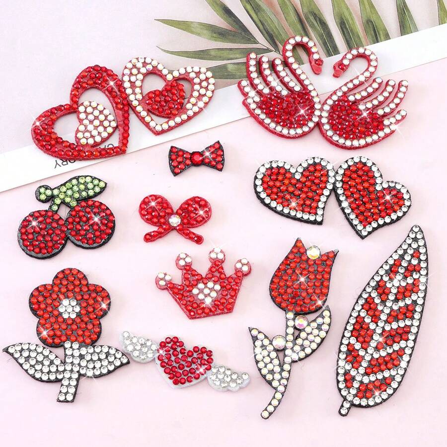 5 件套红水晶樱桃皇冠热修复水晶贴纸，无纺布水晶贴纸适用于 DIY 包包/衣服装饰，颜色随机 - 紅色 - 查看 1