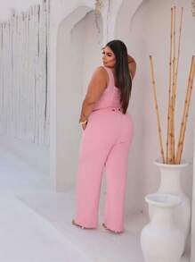 Plus Size Set Of Palazzo Pants And Cropped Top - Rosa Pálido - Ver 2