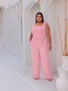 Plus Size Set Of Palazzo Pants And Cropped Top - Rosa Pálido - Ver 1