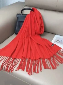 1 pieza Bufanda de mujer de un solo color de cachemir falso, cálida envuelta decorada con borlas, de longitud media para Navidad invierno