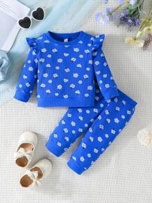 2 件套婴儿/幼儿女孩可爱时尚花朵印花圆领长袖上衣和裤子套装，春秋季新款流行设计 - 藍色 - 查看 1