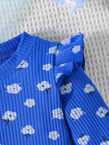 2 件套婴儿/幼儿女孩可爱时尚花朵印花圆领长袖上衣和裤子套装，春秋季新款流行设计 - 藍色 - 查看 3
